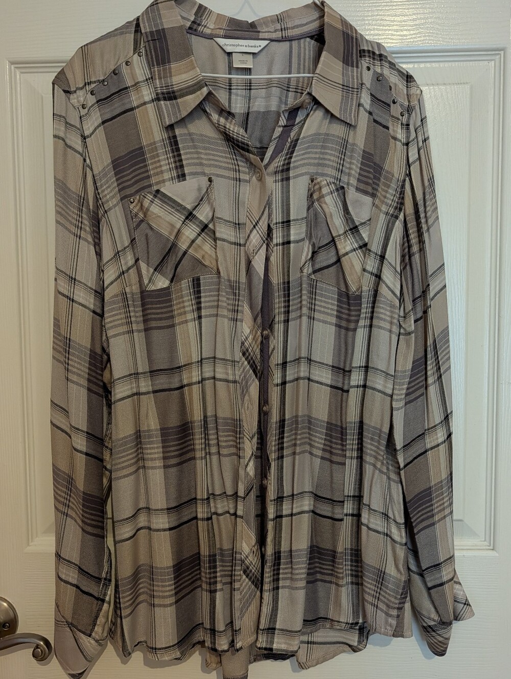 Christopher & Banks Taupe and Cream Plaid Button-Up